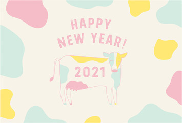 new years greeting card with an ox, the Chinese / Japanese zodiac sign for 2021