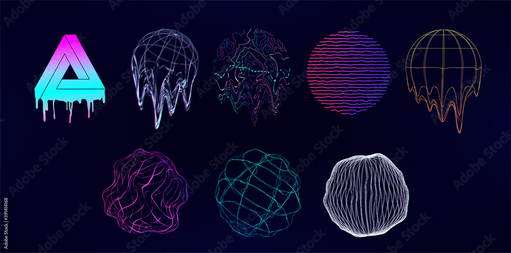 Aufkleber Retro futuristic Universal shapes - spheres and circle elements with glitch, defect, or liquid effect. Design memphis elements in vaporwave and synthwave style. Vector glitch shapes on 80s-90s. Vector