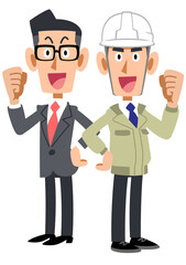 背中合わせでガッツポーズするスーツを着た男性とヘルメットを被り作業着を着た男性
