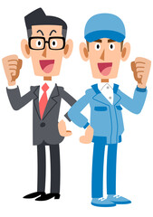 背中合わせでガッツポーズするスーツを着た男性と青色の作業着の男性
