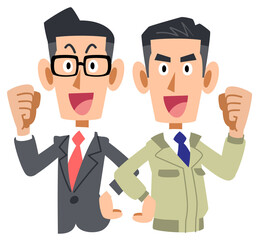 背中合わせでガッツポーズするスーツを着た男性と作業着を着た男性の上半身

