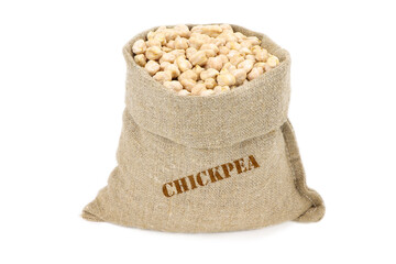 Chickpea in a sack isolated on a white background. Chickpea in a burlap sack. Healthy food. Chickpea in a jute bag