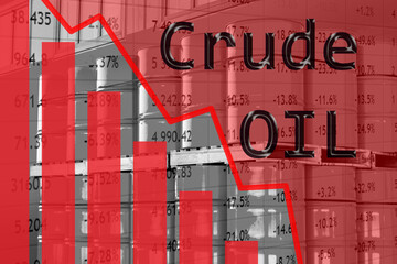 Quotes of the oil and gas sector. Falling graphics on the background of oil. The inscription Crude...