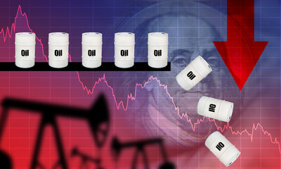 Lower revenues in the oil industry. Concept - oil prices are falling. Cost of petroleum products is...