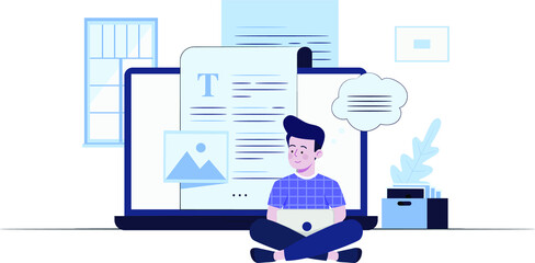 boy doing online exam, boy working with mobile, online study, flat design illustration 