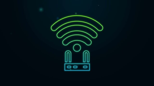 Glowing neon line Router and wi-fi signal icon isolated on black background. Wireless ethernet modem router. Computer technology internet. 4K Video motion graphic animation
