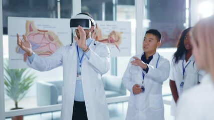 Young smart doctor presenting new technologies testing medical scientific devices wearing VR headset on meeting presentation in laboratory. Cooperation. Future. Hospitals. - Powered by Adobe