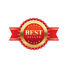 Premium, best seller, luxury,  commercials, realistic vector design of golden badge with red ribbon