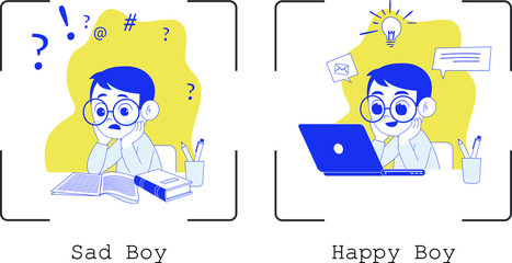 hap and sad child flat design illustration, boy with laptop, kid happy with online  study  © sandeep