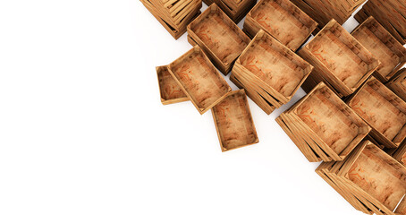 3D render of Wooden crates stack isolated on white background. Empty wooden crates
