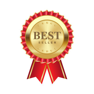 Premium, best seller, luxury,  commercials, realistic vector design of golden badge with red ribbon