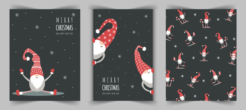 Christmas cards with cute nordic gnome in red hat. Season greeting. Merry christmas and happy New year. Vector illustration in cartoon style. Scandinavian vintage postcards.