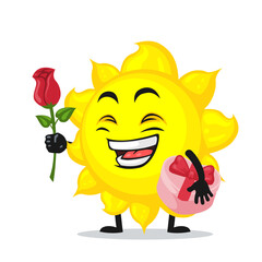 vector illustration of sun mascot or character give flower and holding pink gift