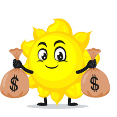 vector illustration of sun mascot or character holding sacks of money