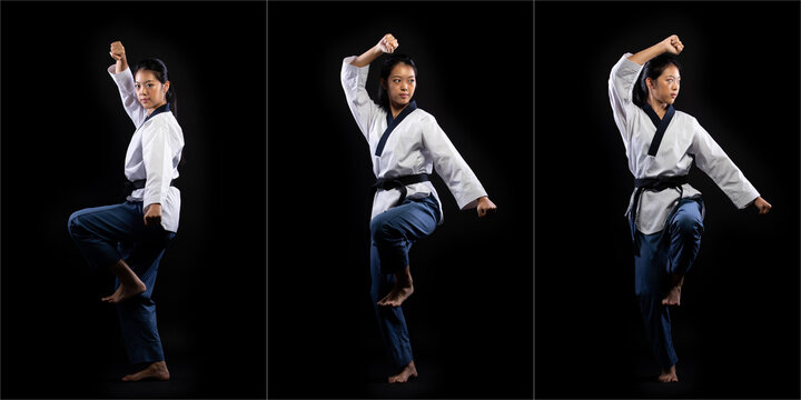 TaeKwonDo Karate teenager athlete kick punch black background isolated