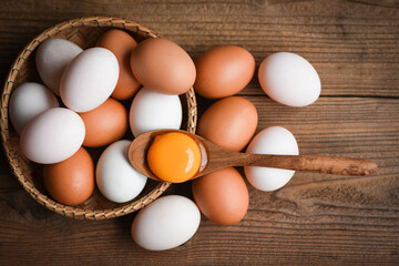 Chicken eggs and duck eggs collect from farm products natural in a basket healthy eating concept / Fresh broken egg yolk.