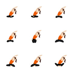 Seated side lean with an arm extension yoga asanas set /Illustration stylized woman practicing butterfly, lotus and other poses with side bend