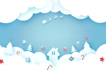 Fototapeta na wymiar Merry Christmas and Happy New Year.Winter season landscape with Santa Claus in sleigh.