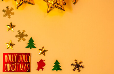 Christmas composition. Gifts, fir tree branches, red decorations on white background. Christmas, winter, new year concept. Flat lay, top view, copy space