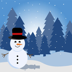 Landscape with snow in winter with snowman and pine trees in background