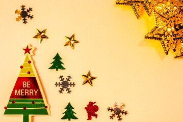 Christmas composition. Gifts, fir tree branches, red decorations on white background. Christmas, winter, new year concept. Flat lay, top view, copy space