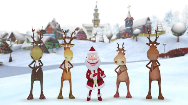 An animation of cartoony Santa dancing happily with his reindeers. Fantasy Christmas village is in the background. It is snowing.