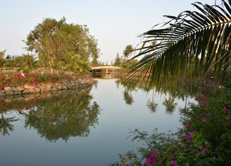 NView of the canal against the background of the mountains