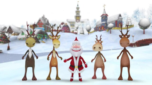 An animation of cartoon Santa with his reindeers dancing happily to the festive and cheerful music. Fantasy Christmas village is in the background. It is snowing.