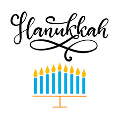 Happy Hanukkah calligraphic lettering vector illustration. The concept of celebration the traditional religious Jewish holiday. Menorah with candles.