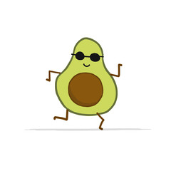 Funny Avocado Character is dancing. Isolated on white