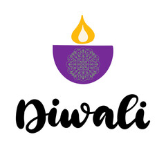 Happy Diwali calligraphic vector illustration. Celebration of the festival of a traditional holiday in India deepavali. Lettering with mandala and candle for greeting card, poster.