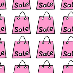 Vector seamless pattern with inscriptions and symbols Sale. Hand drawn background and texture on theme of Black Friday, discounts, shopping and special offers