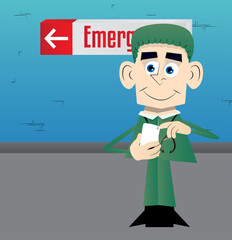 Funny cartoon doctor using a mobile phone. Vector illustration.