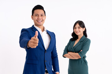 Happy business partner portrait. Give thumbs and Crossed arms