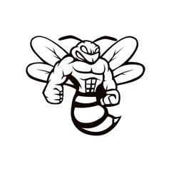 Bee mascot logo black and white version. Angry bee logo in sport style, mascot logo illustration design vector