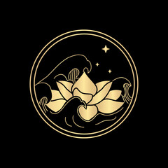 Lotus with wave and star, luxury petal plant floating in water, with gold gradient color, vector illustration.