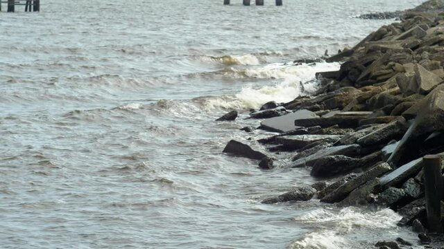 Small Waves Rocky Shoreline Lake Pontchartrain Louisiana