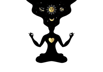 Body yoga in a lotus pose with a sacred geometry ornament,  starry sky, space or universe. For tarot reader, spiritual guidance, tatoo, t shirt, sticker 