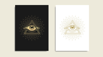Impossible triangle with All seeing eye, symbol of the Masons, eye and  gold logo, spiritual guidance tarot reader design. engraving, decorative illustration tattoo