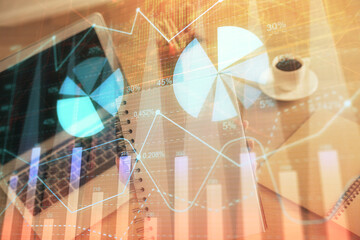 Fototapeta na wymiar Double exposure of businesswoman hands typing on computer and forex chart hologram drawing. Financial analysis concept.