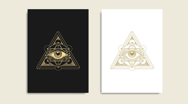 All seeing eye with sacred geometry, symbol of the Masons, eye and  gold logo, spiritual guidance tarot reader design. engraving, decorative illustration tattoo