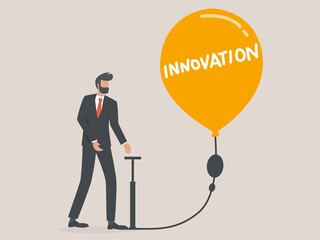 businessmen or entrepreneurs blow balloons with the word innovation, innovation businness, idea, solutions.