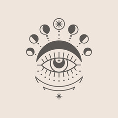 Mystical Eye and Moon Icon in a Trending Minimal Linear Style. Vector Isoteric Illustration for t-shirt Prints, Boho Posters, Covers, Logo Designs and Tattoos.