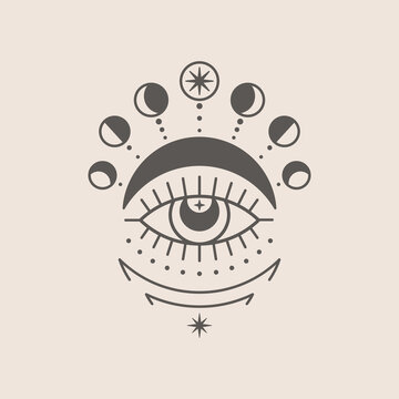 Mystical Eye and Moon Icon in a Trending Minimal Linear Style. Vector Isoteric Illustration for t-shirt Prints, Boho Posters, Covers, Logo Designs and Tattoos.