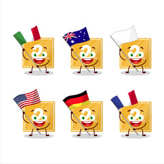 Toys block two cartoon character bring the flags of various countries