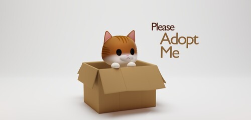 3D rendering concept illustration of a cute tabby cat in a cardboard box with message on white background