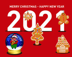 Vector Christmas and New Year card. Christmas cookies and New Year's ball with a bull - a symbol of 2021