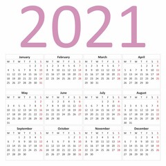 Calendar 2021. Wall calendar for 2021 year in clean minimal style. Corporate design planner template. Week Starts on Monday. Set of 12 Months.