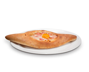 Adjar Khachapuri. Georgian cuisine, appetizing. Georgian national pie khachapuri with egg and cheese in the white plate isolated on white background.