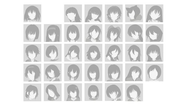 Animation of Appearance and Disappearance of Flat Gray Icons for girls. Set of anime girls with hair. The default placeholder avatar profile has a gray background. Gray photo. Beautiful cartoon.